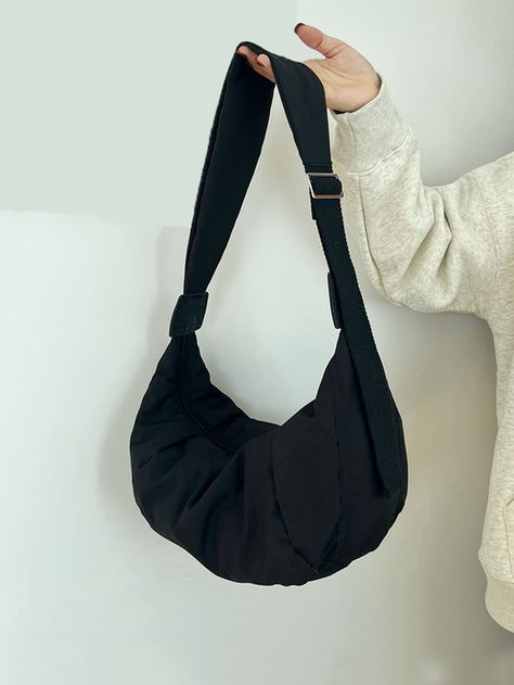 Black Casual,Unisex Collar  Polyester Plain Hobo Bag Embellished   Women Bags Hobo Bag, Messenger Bags For School, Dumpling Bag, Back To School Fashion, Casual Crossbody Bag, Hobo Crossbody Bag, Canvas Crossbody Bag, Hobo Bags, Crossbody Bag Women