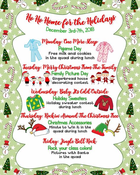 #christmas #spiritweek #holidayspirit #schoolspirit #holiday Holiday Spirit Week Ideas, Holiday Spirit Week, Spirit Week Ideas, Spirit Days, School Spirit Days, Christmas School, Spirit Week, 12 Days Of Christmas, School Spirit