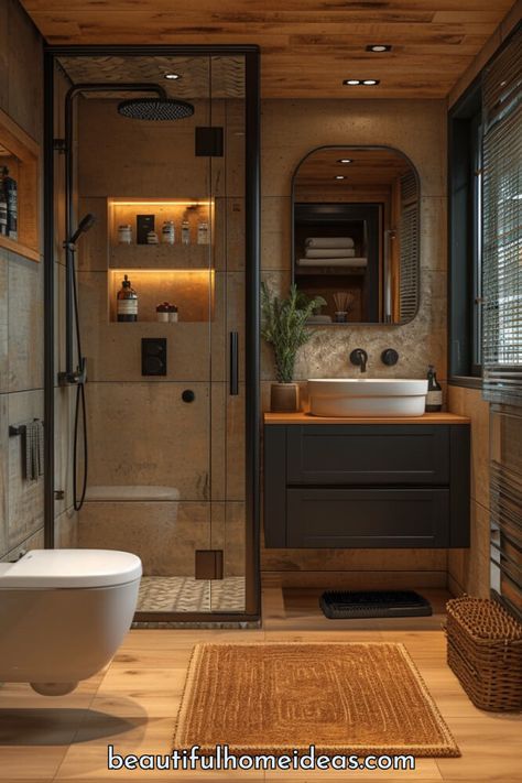 18 Best Ultra-Compact Bathroom Ideas For A Space Saving Sanctuary - Beautiful Home Design Ideas Compact Bathrooms With Bath, Small Open Bathroom Ideas, The Best Bathroom Design, Cosy Small Bathroom Ideas, Mini Home Living Room Ideas, Small Space Minimalist Decor, Tiny House Interior Bathroom, Bathroom Ideas No Tiles, Studio Bathroom Ideas Small Spaces