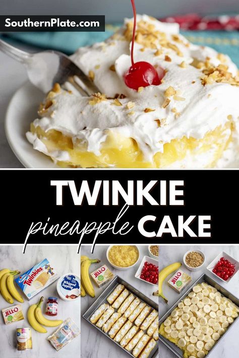 A simple, no-bake dessert, Twinkie Cake is the perfect summer dessert. Layers of twinkies, vanilla pudding, pineapples, bananas, and whipped topping gives this easy twinkie cake lots of flavor. Pie, Pastel, Dessert Made With Twinkies, Twinkie Recipe Desserts, Twinkie Birthday Cake, Twinkie Cake Recipe Simple, Desserts Made With Twinkies, Twinkie Poke Cake, Starburst Desserts