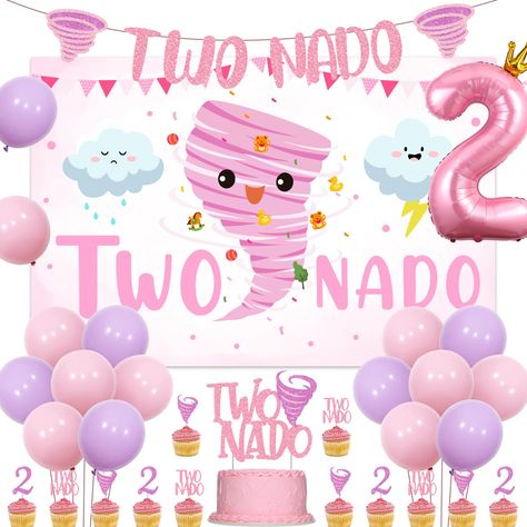 PRICES MAY VARY. Two Nado Birthday Party Decorations: Package includes 16*12 inches latex balloons, 1*40 inches number 2 foil balloon, 1 “TWO NADO” backdrop 5*3ft, 1 “TWO NADO” banner, 1 “TWO NADO” cake topper, 12 cupcake toppers and 2 white ribbons 33ft. Premium Quality: The “TWO NADO” backdrop is made of vinyl, which is lightweight and easy to carry. The balloons are made of durable latex and foil. You can use them safely at parties. But try not to overinflate the balloon or near hot or sharp It Takes Two Birthday Theme, Two Themes Birthday Party, Cute Two Year Old Birthday Themes, 2nd Birthday For Twins, Birthday Party Ideas For 2 Year Girl, 2 Yrs Old Girl Birthday Party, Girl 2 Year Birthday Theme, Two Nado Birthday Party Girl, Twonado Birthday Party Girl