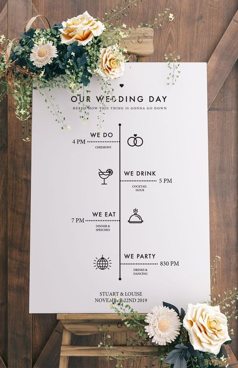 Rustic Wedding Decorations, We Do We Drink We Eat We Party Sign, Easy Wedding Decorations, Wedding Program Sign, Wedding Timeline Template, Timeline Template, Modern Wedding Decor, Printable Wedding Sign, Wedding Day Timeline