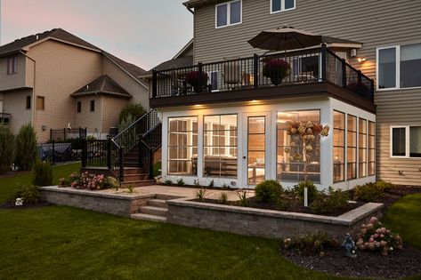 Tuck Under Porch with a View in Maple Grove | Murphy Bros Lower Level Screened In Porch, Deck Over Sunroom, Screen Porch Under Deck Ideas, 3 Season Porch Under Deck, Screened In Porch With Balcony Above, Deck On Top Of Roof, Slide From Deck To Pool, Walk Out Deck Ideas, Upper Deck Patio Ideas