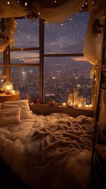 Dream Bedroom Inspiration, City At Night, Bedroom Decor Cozy, Fotografi Alam Semula Jadi, Dream House Rooms, Cozy Room Decor, Dreamy Room, Dream Room Inspiration, Room Makeover Bedroom