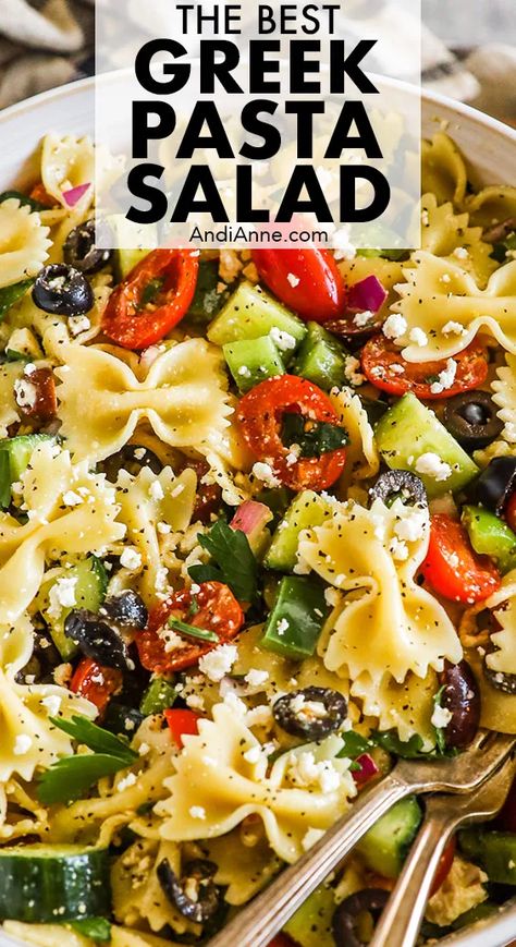 This easy greek pasta salad recipe is made with bowtie pasta, crumbled feta cheese and easy chopped vegetables like tomatoes, cucumber, and bell pepper. All tossed together with crumbled feta cheese and greek salad dressing. It's a cold pasta salad recipe perfect for serving at your next gathering. Chicken Bow Tie Pasta Salad, Chicken Bow Tie Pasta, Cucumber Pasta Salad, Bowtie Pasta Salad, Summer Pasta Salad Recipes, Greek Pasta Salad Recipe, Feta Pasta Salad, Greek Pasta Salad, Cold Pasta Salad Recipes