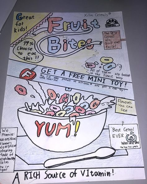 MISS D 🇦🇺 on Instagram: “ADVERTISING UNIT. Kids designed their own cereal boxes #PROUD 💜” Creative Advertisement Posters, Poster Aesthetic School Project, Cute Advertisement Poster Ideas, Creative Advertising Poster Ideas, Advertisment Posters Ideas, Advertising Activities For Kids, Cereal Advertising Design, How To Design A Poster For School, Poster For Advertisement