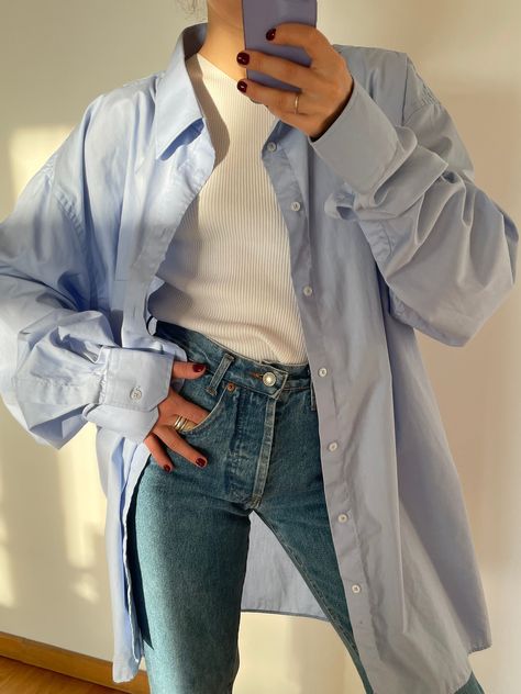 Blue Long Shirt Outfit, Blue Long Sleeve Button Up Shirt Outfit, Long Blue Shirt Outfit, Light Blue And Dark Blue Outfit, Light Blue Oversized Shirt Outfit, White Blue Shirt Outfit, Light Blue Polo Outfit For Women, Light Blue Button Up Shirt Outfit Women, Oversized Long Sleeve Polo Outfit Women