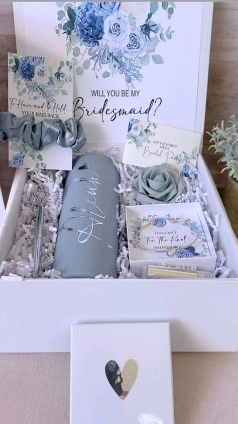 Gifts For The Bridesmaids, Wedding Box Gift, Braidsmaids Proposal Ideas, Wedding Gift Ideas For Bridesmaid, Gift Box For Bridesmaids, Boxes For Bridesmaid Proposal, Bridesmaid Proposal Dusty Blue, Braidsmaid Boxes Gift Ideas, Dusty Blue Bridesmaid Proposal