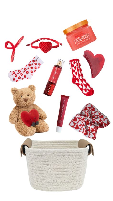 bae basket!! 💌 #bae #basket #baebasket #valentine #valentinesday #love #red #white #heart Girly Christmas Gifts, Sweet Sixteen Birthday Party Ideas, Valentines Day Baskets, Red Basket, Valentine Gift Baskets, Best Gift Baskets, Valentine Baskets, Holiday Baskets, Birthday Basket