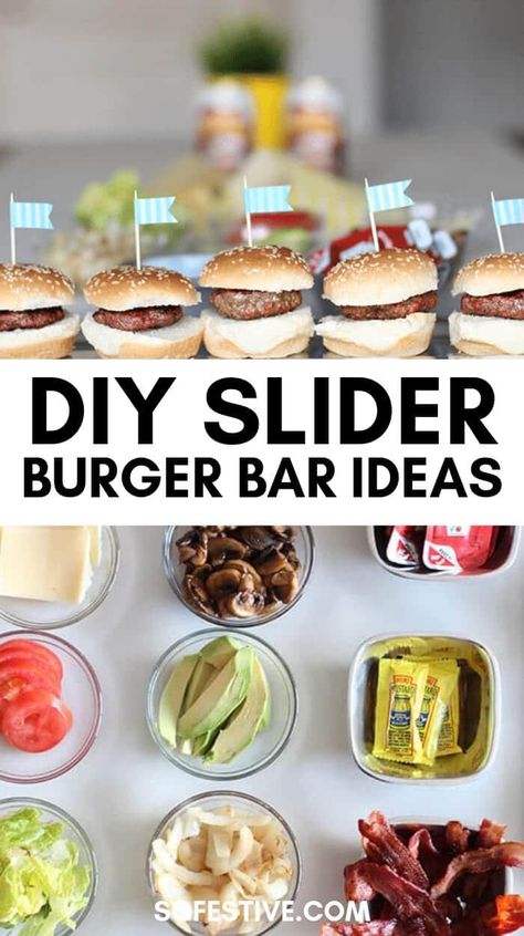 Create your own Slider Burger Bar with these awesome party tips- great idea for a summer bbq or dinner for guys- DIY sliders for the win!  - So Festive! Slider Burger Bar, Burger Slider Bar, Slider Toppings Bar, Bbq Slider Bar, Diy Dinner Bar Ideas, Burger Buffet Ideas Bbq Party, Hamburger Party Ideas Summer Burger Bar, Slider Burger Bar Party Ideas, Diy Burger Bar