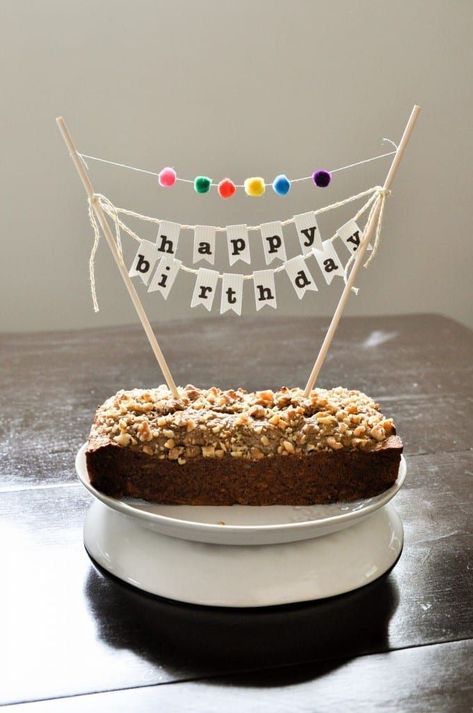 How to make the cutest birthday cake topper. Happy Birthday banner with pom-poms. | Mother's Niche Birthday Cake Banner, Diy Birthday Cake, Diy Birthday Banner, Cake Bunting, Homemade Birthday Cakes, Cake Banner, Diy Cake Topper, Easy Birthday, Simple Birthday Cake