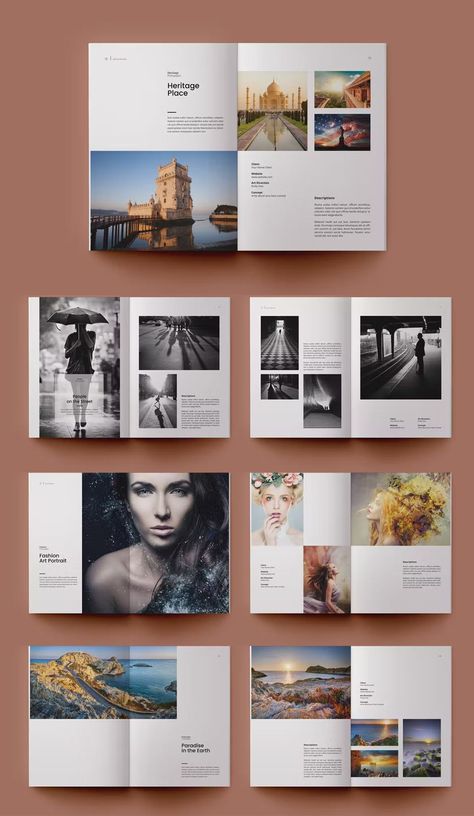 Photography Portfolio Template INDD, IDML. 24 pages. Travel Magazine Layout, Photo Book Template, Photography Portfolio Template, Photobook Layout, Cover Design Inspiration, Photobook Design, 포트폴리오 레이아웃, Page Layout Design, Photo Album Design