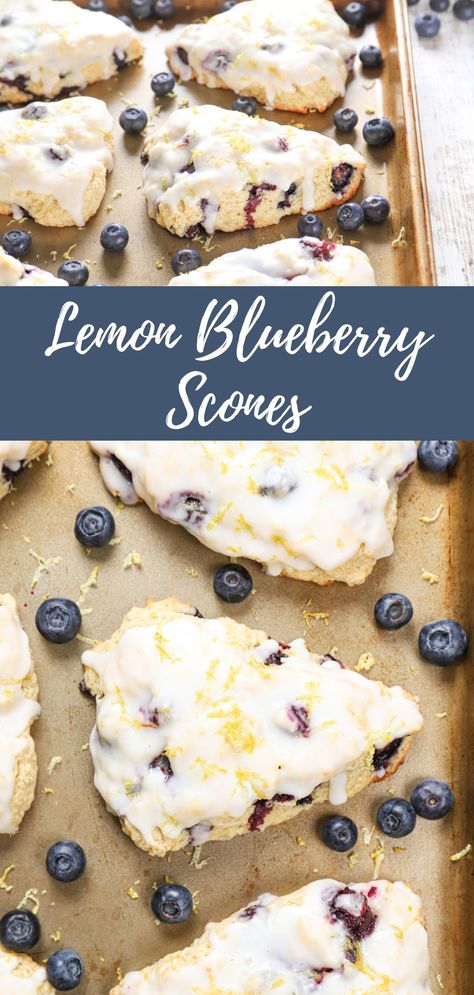 Lemon blueberry scones on an aluminum baking sheet. Glazed Lemon Blueberry Scones, Buttery Blueberry Scones With Lemon Glaze, Fresh Blueberry Lemon Recipes, Lemon Scones Pioneer Woman, Lemon Berry Scones, Blueberry Orange Scones, Simple Lemon Recipes, Sourdough Blueberry Lemon Scones, Easy Morning Baked Goods