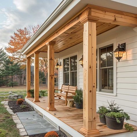 9+ Minimalist Front Porch Columns Ideas for a Clean Design • 333k+ Inspiring Lifestyle Ideas White Farmhouse Cedar Posts, Home Side Entrance Ideas, Wood Beams Front Porch Farmhouse, Front Porch Post Stain Colors, Front Porch Overhang Ideas Ranch, Simple Front Porch Design, Front Porch Beam Ideas, Exterior Wood Columns, Wrapped Beams Porch