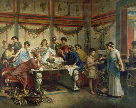 This painting by Roberto Bompiani captures a common 19th-century association of Roman dining and excess. A Roman Feast, late 1800s. The J. Paul Getty Museum Ancient Roman Food, Imperiul Roman, Roman Food, Great Philosophers, Rome Antique, Bizarre Facts, Empire Romain, Julius Caesar, Getty Museum