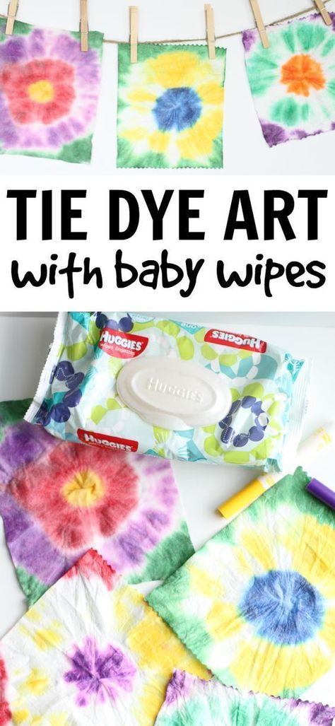 Easy Tie Dye Art with Baby Wipes:  Such a fun way to explore tie dye and you can make a super simple bunting! Older Kids Crafts, Easy Tie Dye, Process Art Preschool, Baby Crafts To Make, School Age Crafts, Tie Dye Art, Summer Crafts For Toddlers, Summer Arts And Crafts, Dye Art