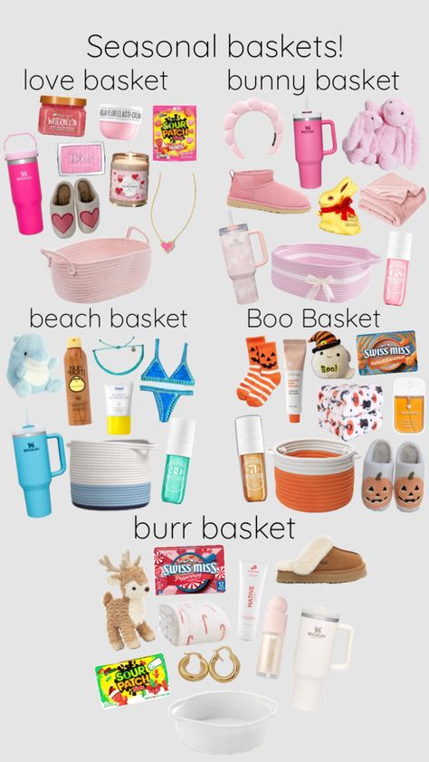 Seasonal basket! #love#bunny#beach#boo#burr Birthday Basket For Best Friend Cheap, Preppy Birthday Gifts, Making A Gift Basket, Baskets Ideas, Birthday Presents For Friends, Holiday Baskets, Preppy Gifts, Birthday Basket, Diy Birthday Gifts For Friends