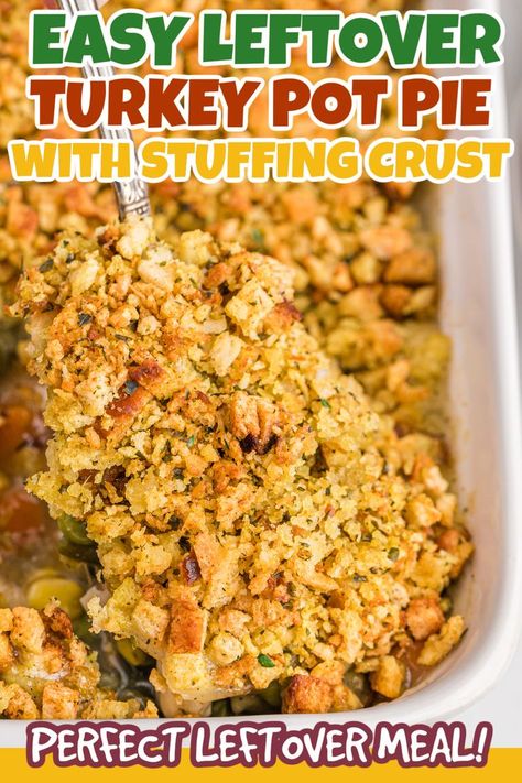 Make Homemade Leftover Turkey Pot Pie with Stuffing Crust with all your holiday leftovers. It is a classic, comfort meal with tons of flavor. Easy to make with simple ingredients. #eatingonadime #turkeypot #stuffingcrust #holidayleftovers Turkey Pot Pie Casserole, Stuffing Crust, Turkey Stuffing Casserole, Leftover Turkey Pot Pie, Turkey Pot Pie Easy, Pot Pie Recipe Easy, Turkey Pot Pie Recipe, Leftover Turkey Casserole, Turkey Pie