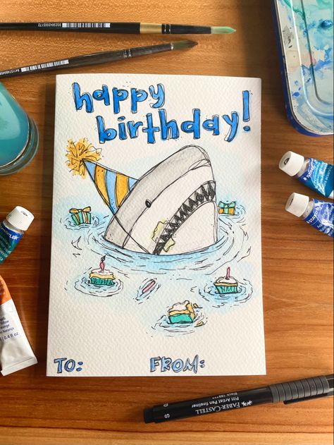 Birthday card handmade with watercolors Shark Birthday Cards Handmade, Things To Draw On Birthday Cards, Handmade Fishing Birthday Cards, Handmade Birthday Card For Friend, Diy Birthday Card Funny, Birthday Card Art Ideas, Birthday Painting Ideas For Boyfriend, Blue Birthday Card Ideas, Ocean Themed Cards