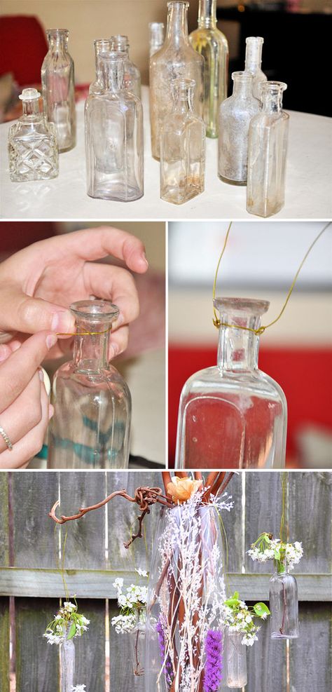 DIY suspending vintage bottle centerpiece chandelier  http://ruffledblog.com/diy-vintage-bottle-hanging-suspending-manzanita-branch-centerpiece/# Ideas For Glass Jars, Manzanita Branch Centerpieces, Glass Bottle Centerpieces, Ruffle Diy, Bottle Chandelier, Old Glass Bottles, Bottle Centerpieces, Gorgeous Centerpieces, Hanging Vases