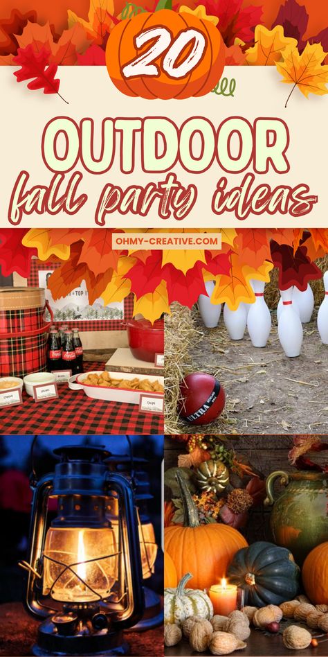 Check these 20 creative fall outdoor party ideas! From menu tips to fun yard games, make your fall event unforgettable! Find the perfect outdoor fall party ideas including recipes, decorations and more. Fall Outdoor Gathering Ideas, Fall Yard Party, Outdoor Event Activities, Outdoor Fall Harvest Party, Fall Parties For Adults, Fall Themed Outdoor Party, Fall Outside Party Ideas, Fall Family Party Ideas, Fall Picnic Decor