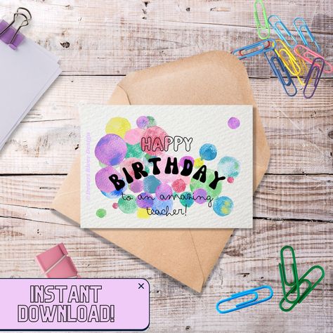 "Teacher Birthday Card | Happy Birthday to an Amazing Teacher! | Digital Printable Card | Teacher gifts This colourful card is perfect to give to your child's school teacher, or even to a co-worker in your school! Simply download the files, and print them as many times as you need. Great to pair with gifts for teachers, as you wish them a happy birthday🎈 These digital cards are printable at home or at a print shop, and super fast to create! Follow the instructions shown in my listing photos. Ea Greetings For Teachers, Happy Birthday Teacher, Six Month Birthday, Birthday Wishes For Teacher, Teacher Birthday Card, Happy Half Birthday, Greeting Cards For Teachers, Teacher Birthday, Half Birthday