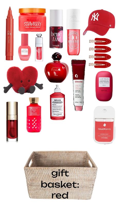 gift basket inspo! #red #giftbasket #inspo #trend #aesthetic Burgundy Basket Ideas, Red Gift Basket Ideas For Best Friend, Red Themed Gifts, Red Birthday Basket, Red Basket Gift Ideas, Gift Basket Ideas Aesthetic, Red Themed Gift Basket, Red Gift Box Ideas, Christmas Basket Ideas For Boyfriend