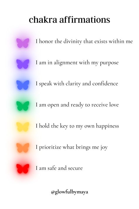 chakra affirmations by glowfulbymaya [positivity mindset manifesting positive energy manifestation manifest meditation abundance law of assumption law of attraction chakra crown third eye throat heart solar plexus sacral root energy healthy calm] Affirmations By Chakra, Affirmations For All Chakras, Balanced Chakras Aesthetic, Kundalini Affirmations, Eye Color Affirmations, Chakra Colors In Order, Affirmations For Chakras, Solar Plexus Chakra Healing Affirmations, Healthy Eyes Affirmations