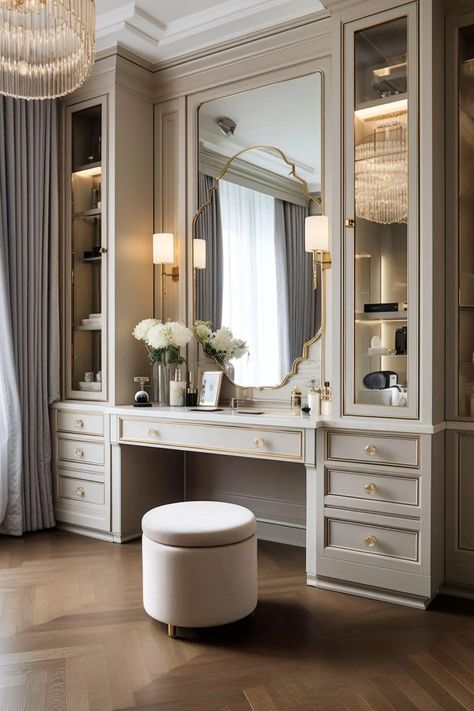 Discover elegant built-in dressing tables to optimize space. Blend functionality and style seamlessly in your bedroom or vanity area. Built In Dressing Table, Bilik Idaman, Dressing Room Decor, Diy Copper, Desain Pantry, Dream Closet Design, Bedroom Dressing Table, Dressing Table Design, تصميم للمنزل العصري