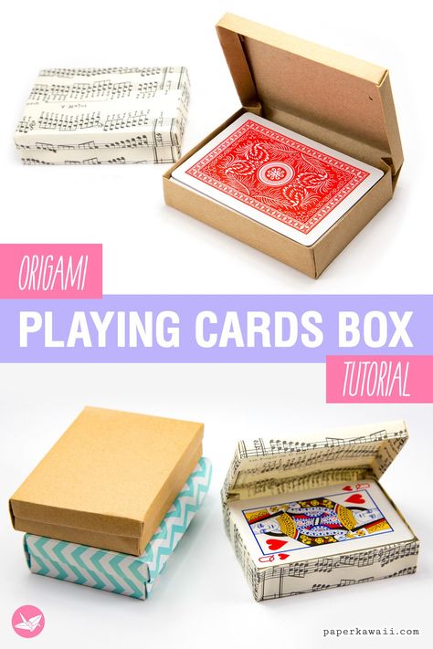 How To Make A Box Out Of Paper Diy, Playing Card Box Diy, Origami Rectangle Box, Custom Card Box, Origami Box Tutorial, Music Sheet Paper, Paper Kawaii, Paper Craft Tools, Origami Diagrams