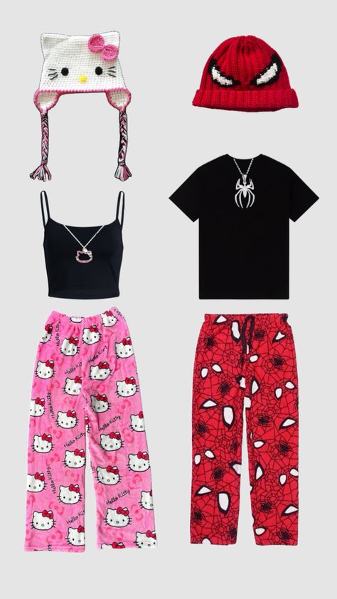 Hello Kitty And Spiderman Outfit, Hello Kitty And Spiderman Couple Pajamas, Hello Kitty And Spiderman Pjs, Matching Spiderman Pajamas, Spider Man Pajama Pants, Spiderman Pjs, Hello Kitty X Spiderman, Hello Kitty And Spiderman, Streetwear Girl Outfits