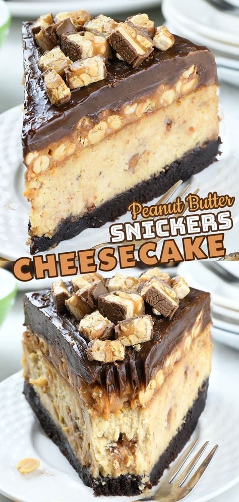 Peanut Butter Snickers Cheesecake Peanut Butter Snickers, Brownie Crust, Brownie Vegan, Snickers Cheesecake, Fudgy Brownie Recipe, Gooey Caramel, Impressive Desserts, Chocolate And Peanut Butter, Peanut Butter Cheesecake