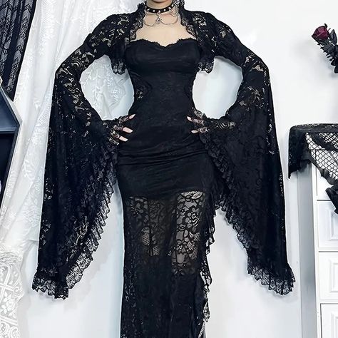 Goth Collar Long Sleeves Y2k Lace Crop Top Shrug - Temu Classic Goth, Black Bolero, Lace Cape, Moda Cyberpunk, Lace Bolero, Dark Academia Fashion, Moda Punk, Mesh Maxi Dress, Maxi Tank Dress