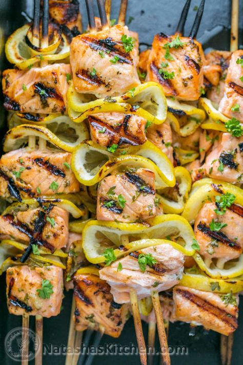 Best Recipes for a Backyard Barbecue - Seared Salmon Skewers With Garlic And Dijon - Best Cheap, Easy and Quick Recipes Ideas for Awesome Cookouts. Outdoor BBQ and Party Foods You Can Make for A Crowd http://diyjoy.com/best-bbq-recipes Salmon Skewers, Best Bbq Recipes, Fruit Kebabs, Kebab Recipes, Kebabs, Grilled Salmon, Baked Salmon, Fish Dishes, Bbq Recipes