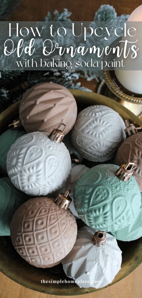 How to Upcycle Christmas Ornaments with Baking Soda Paint - The Simple Homeplace Natal, Upcycling, Upcycle Christmas Ornaments, Baking Soda Paint, Old Christmas Ornaments, Upcycle Christmas, Natal Diy, Painted Christmas Ornaments, Christmas Projects Diy