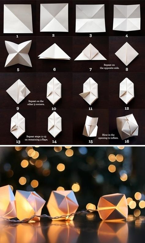 Fold paper cubes to make a decorative string of lights. | 51 DIY Ways To Throw The Best New Year's Party Ever Diy Projektit, Vika Papper, Paper Cube, Kraf Kertas, Origami Ornaments, Diy String Lights, Origami Lamp, Tutorial Origami, Folding Origami