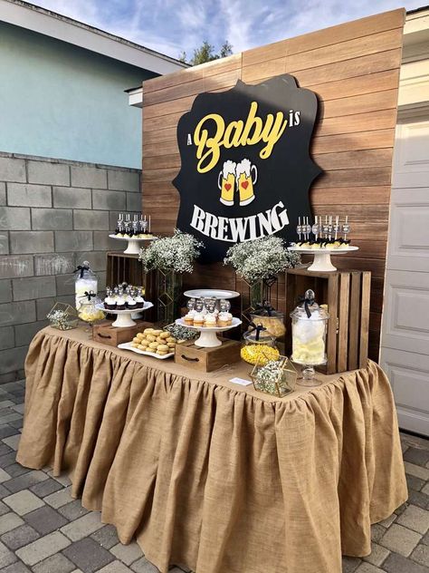 A Baby Is Brewing Baby Shower Party Ideas | Photo 7 of 12 | Catch My Party Pregger Kegger, Office Baby Showers, Baby Q Shower, A Baby Is Brewing, Man Shower, Baby Is Brewing, Boy Baby Shower Ideas, Baby Reveal Party, Couples Baby Showers