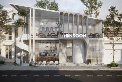 [MONSOON CAFE] on Behance Exterior Design Cafe, Architecture Cafe Design, Cafe Building Design, Cafe Architecture Exterior, Restaurant Exterior Design Modern, Cafe Entrance Design, Modern Cafe Exterior, Cafe Facade Design, Cafe Design Exterior