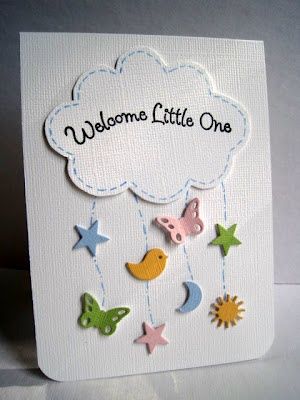 handmade baby card from Im in Haven: CAS-ual Fridays 64...The Sky ... stictched cloud with sentiment ... punched baby ikons hanging from it like a mobile ... luv it!! Idee Babyshower, Baby Cards Handmade, Cloud Mobile, Album Foto, Karten Design, Cricut Cards, Baby Card, New Baby Cards, Baby Shower Cards