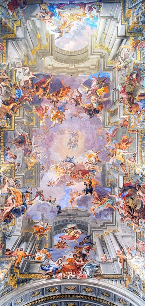 Andrea Pozzo's painted ceiling in the Church of St. Ignazio. Ceiling Art, Rennaissance Art, Arte Van Gogh, Baroque Art, Art Classique, Tapeta Pro Iphone, Cool Wallpapers Art, Cool Ideas, Classical Art