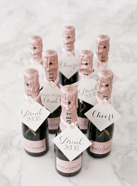 mini Moet bottles as wedding favors Wedding Favors And Gifts, Champagne Wedding Favors, Affordable Wedding Favours, Summer Wedding Favors, Frugal Wedding, Creative Wedding Favors, Mini Champagne Bottles, Inexpensive Wedding Favors, Candy Wedding Favors