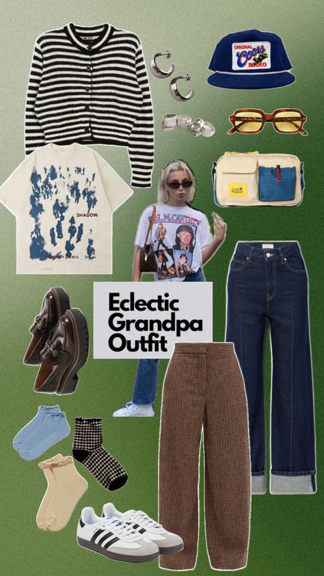 eclectic grandpa eclectic grandma outfit inspiration women’s fashion style adidas sambas Emma chamberlain jeans Emma Chamberlain Jeans, Grandpa Aesthetic Outfit, Eclectic Grandma, Grandma Outfit, Grandpa Fashion, Grandpa Outfit, Grandma Clothes, Eclectic Outfits, Adidas Sambas