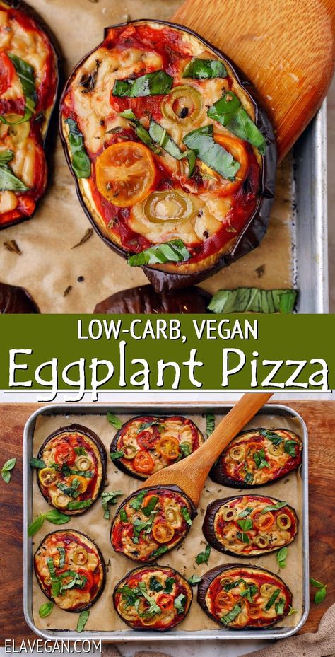 This easy low-carb eggplant pizza recipe requires just a handful of pantry-friendly ingredients, including versatile toppings, and is ready in 30 minutes. The mini pizza is gluten-free, grain-free, keto, low-calorie, vegetarian (vegan), and perfect for parties and mid-week meals! Eggplant Pizza Recipe, Eggplant Pizza Recipes, Eggplant Pizza, Week Meals, Eggplant Pizzas, Low Calorie Vegan, Vegan Eggplant, Low Carb Snack, Low Carb Vegetarian Recipes