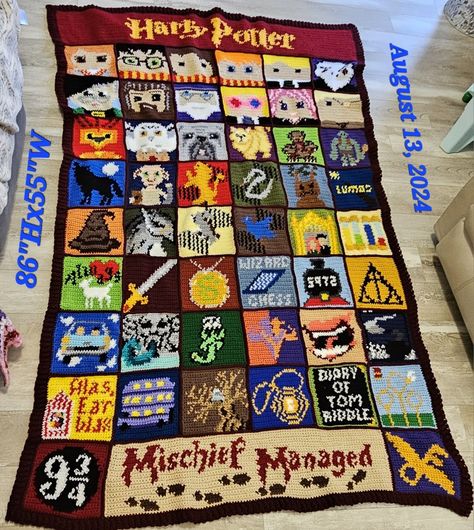 HARRY POTTER AFGHAN #2  was made as a gift. All patterns were aquired online or created by me. Harry Potter Inspired Crochet, Harry Potter Tapestry Crochet, Harry Potter Grid Pattern, Harry Potter Crochet Blanket, Graphgan Squares, Crochet Pixel Grid, 2024 Crochet, Harry Potter Blanket, Crochet Pixel