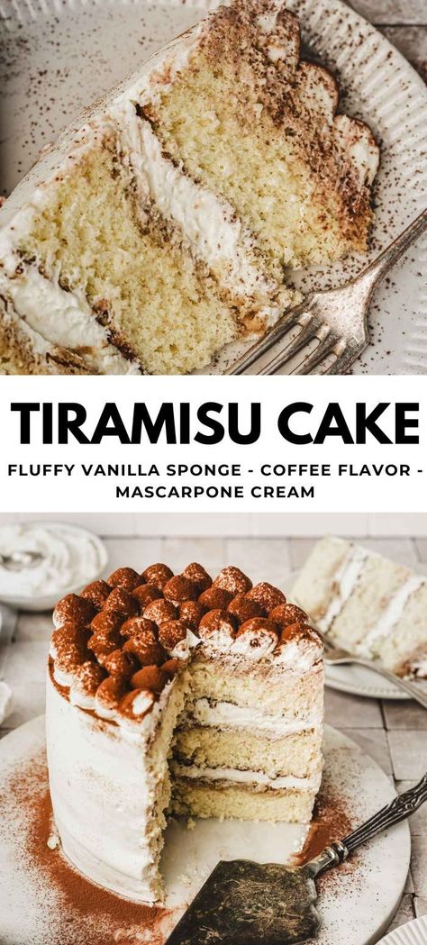 Discover a delightful twist on the classic Italian dessert with our Tiramisu Layer Cake recipe. Enjoy the rich coffee flavor and the perfect balance of flavors in this easy-to-make dessert. It features a fluffy vanilla sponge soaked in coffee and filled with creamy mascarpone goodness. Tiramisu Sponge Cake Recipe, Tiramisu Cake Easy, Tiramisu Cake Recipe Easy, Mascarpone Filling Layer Cakes, Tiramisu Flavored Desserts, Terimisu Cake Aesthetic, Italian Cakes Recipes, Tiramisu Layer Cake, Cake Filling Flavors