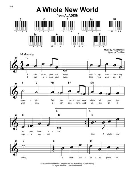 A Whole New World (from Aladdin) Super Easy Piano by Alan Menken Chord Piano, Kunci Piano, Piano Music With Letters, Piano Sheet Music Beginners, Piano Songs Sheet Music, Sheet Music With Letters, Piano Songs For Beginners, Piano Sheet Music Letters, Alan Menken