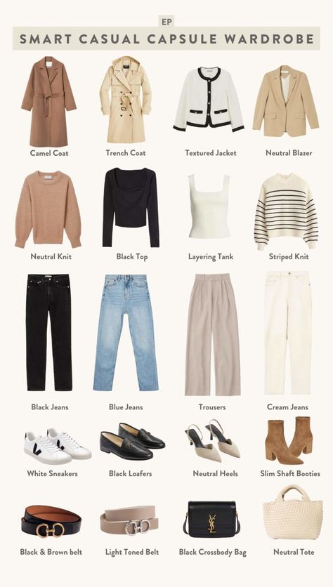 Smart Casual Work Outfit Capsule, Smart Casual For Women Classy, Capsule Wardrobe Smart Casual Women, Women's Fashion Capsule Wardrobe, Elegant Smart Casual Outfits Women, Best Style For Petite Women, How To Style Casual Outfits, Classy Dress Outfits Casual, Smart Casual Woman Outfit