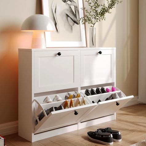 Amazon.com: VOWNER Shoe Cabinet with 4 Flip Drawers, Freestanding Shoe Storage Cabinet with Adjustable Shelf & Anti-Tipping Device, Shoe Rack for Entryway, Hallway, Living Room, White : Home & Kitchen White Shoe Cabinet, Shoe Storage Design, Ikea Shoe Cabinet, Slim Shoe Cabinet, Narrow Hallways, Hallway Shoe Storage, Shoe Cabinet Entryway, Hallway Furniture Storage, Shoe Organizer Entryway