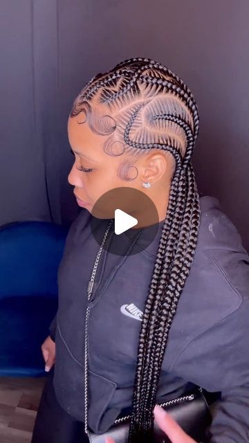 Cute Quick Cornrow Hairstyles, Big Scalp Braids For Black Women, 6 Braids With Design, Simple Scalp Braids, Switch Braids Hairstyles, Cornrows On Black Woman, Braids To Back For Black Hair, Stitch Braids Going Back, Half Up Half Down With Stitch Braids