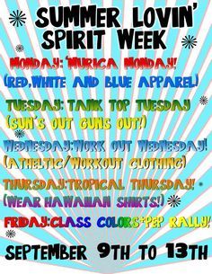 Spirit Week Ideas, Spirit Weeks, Spirit Week Themes, Spirit Day Ideas, Pep Club, School Spirit Week, Homecoming Themes, School Spirit Days, Homecoming Spirit Week